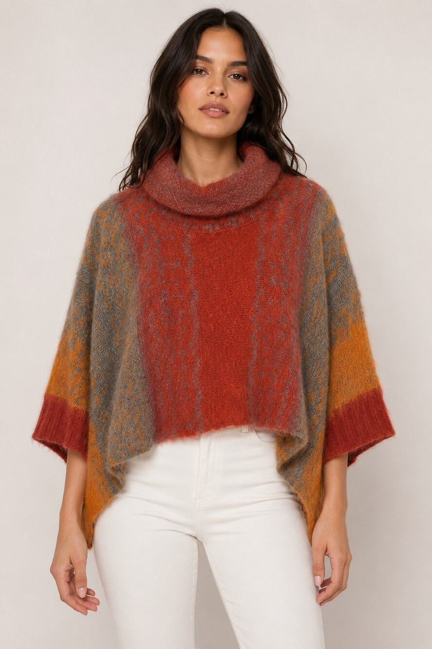 Vertigo Paris Fuzzy Wool Blend Cowl Neck Poncho Sweater Sharkbite Hem M/L